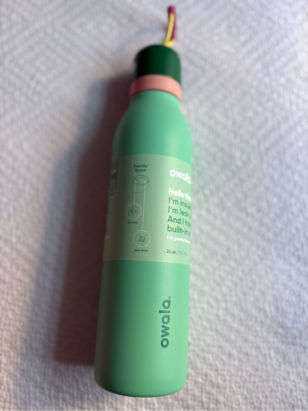 Owala Insulated Water Bottle in Mint Green with Dark Green Cap and Pink Accent